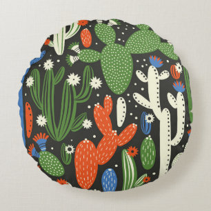 seamless pattern with cactus on black background.  round pillow