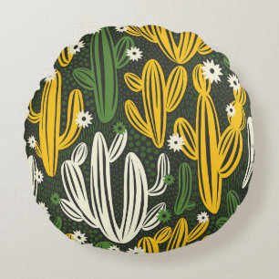 seamless pattern with cactus on black background. round pillow