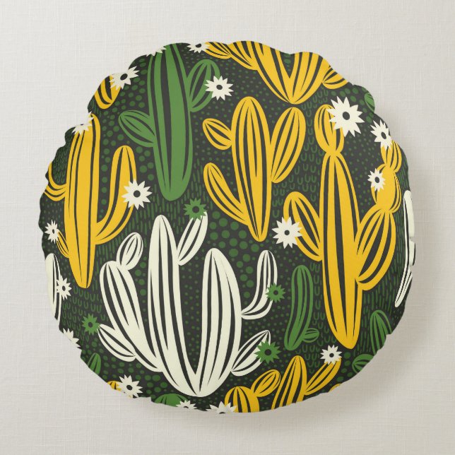 seamless pattern with cactus on black background.  round pillow (Front)
