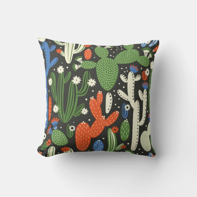 seamless pattern with cactus on black background.  throw pillow (Front)