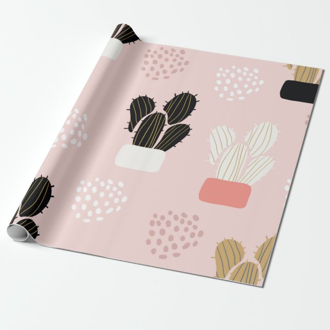 Seamless pattern with cactuses succulents leaves a wrapping paper (Unrolled)
