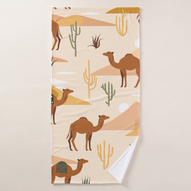 Seamless pattern with camels, dunes and cacti. Cut Bath Towel (Bath Towel)