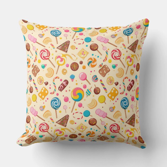 Seamless pattern with candies, lollipops, beige ba throw pillow (Front)
