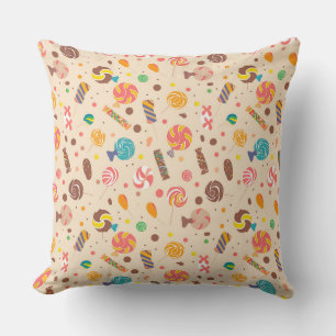 Seamless pattern with candies, lollipops, beige ba throw pillow