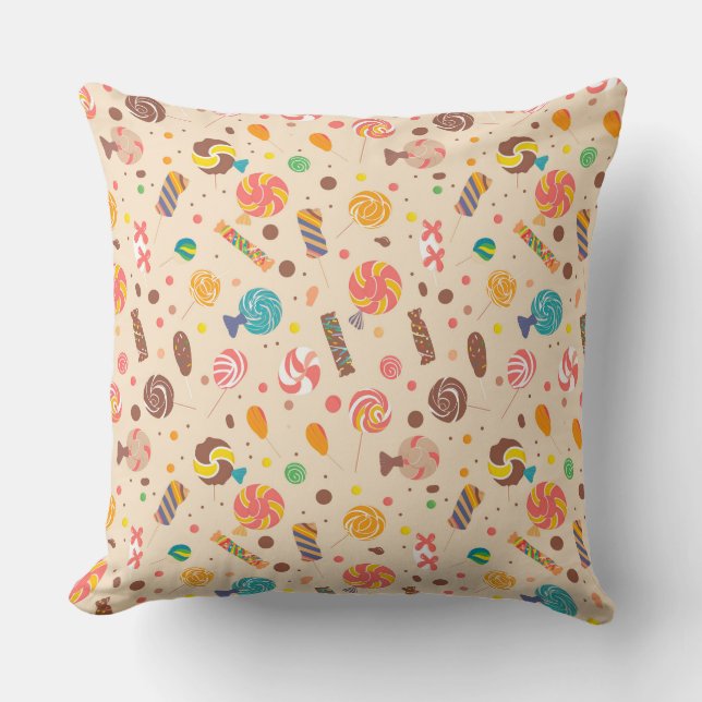 Seamless pattern with candies, lollipops, beige ba throw pillow (Front)