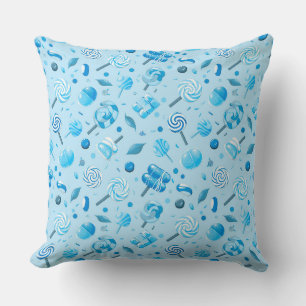 Seamless pattern with candies, lollipops, blue bac throw pillow