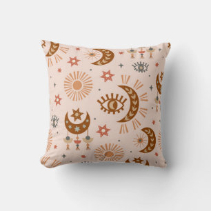 seamless pattern with celestial eye, moon, sun throw pillow
