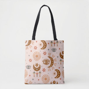 seamless pattern with celestial eye, moon, sun tote bag