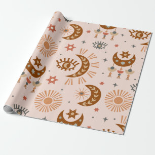 seamless pattern with celestial eye, moon, sun wrapping paper