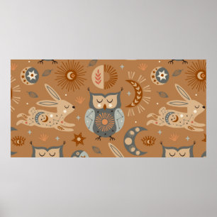 seamless pattern with celestial owl and hare poster