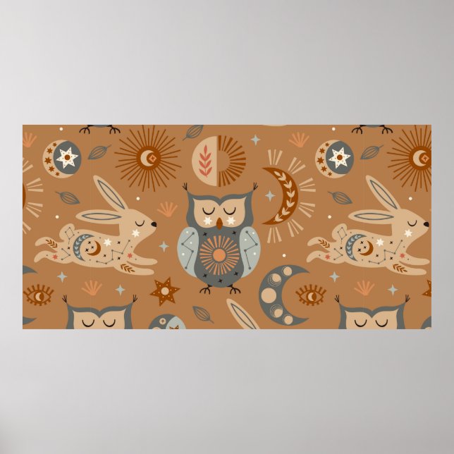 seamless pattern with celestial owl and hare poster (Front)