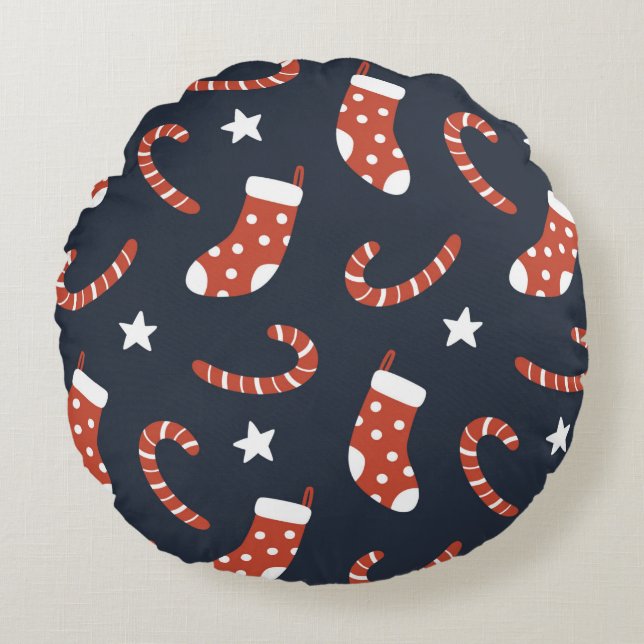 Seamless pattern with christmas socks,candy canes  round pillow (Front)