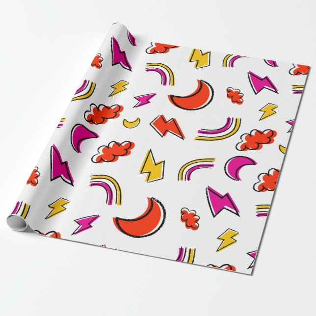 Seamless pattern with cloud lightning bolt rainbow wrapping paper (Unrolled)