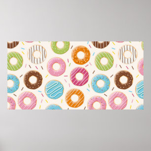 Seamless pattern with colorful tasty glossy donuts poster