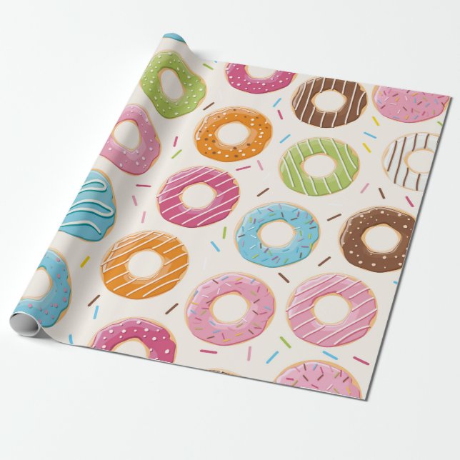 Seamless pattern with colorful tasty glossy donuts wrapping paper (Unrolled)
