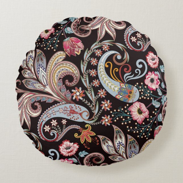 Seamless pattern with colourful paisley floral round pillow (Front)