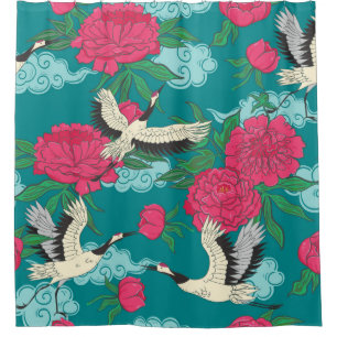 Seamless pattern with cranes and peonies. Vintage 