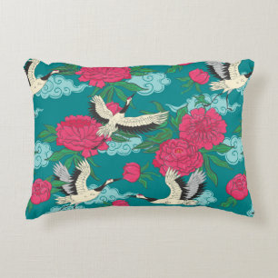Seamless pattern with cranes and peonies. Vintage Accent Pillow