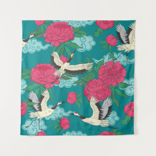 Seamless pattern with cranes and peonies. Vintage Tapestry