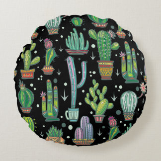 Seamless pattern with cute cactuses round pillow