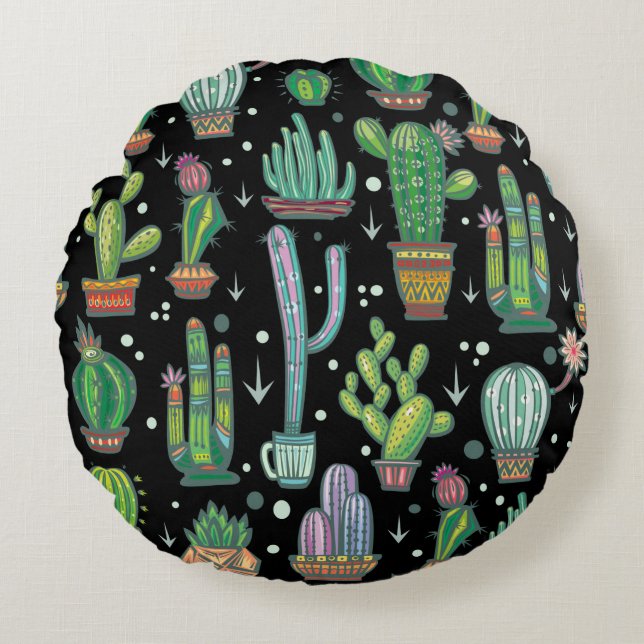 Seamless pattern with cute cactuses round pillow (Front)