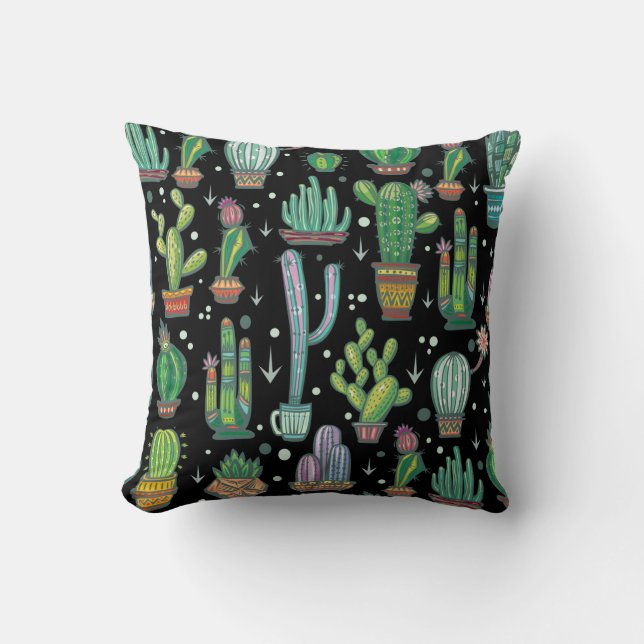 Seamless pattern with cute cactuses throw pillow (Front)