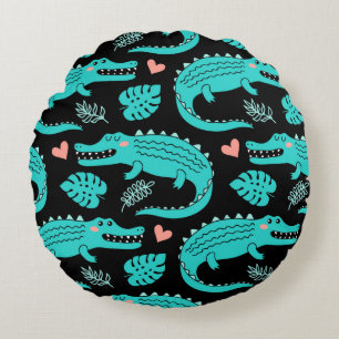 Seamless pattern with cute cartoon crocodiles round pillow