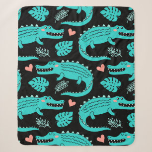 Seamless pattern with cute cartoon crocodiles sherpa blanket