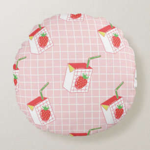 Seamless pattern with cute cartoon strawberry milk round pillow