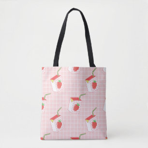 Seamless pattern with cute cartoon strawberry milk tote bag