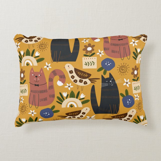 Seamless pattern with cute cats and bird. hand dra accent pillow (Front)