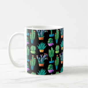 Seamless pattern with cute colourful cacti, tall,  coffee mug