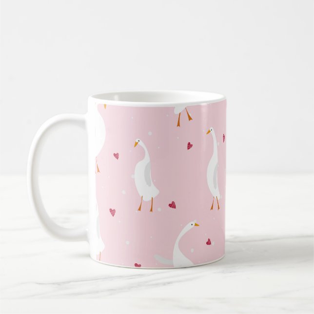 Seamless pattern with cute duck with heart on pink coffee mug (Left)