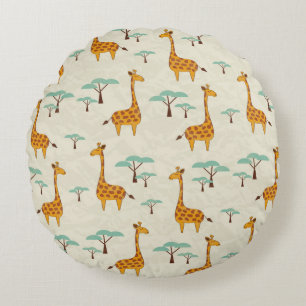 Seamless pattern with cute giraffes and trees, Vin Round Pillow