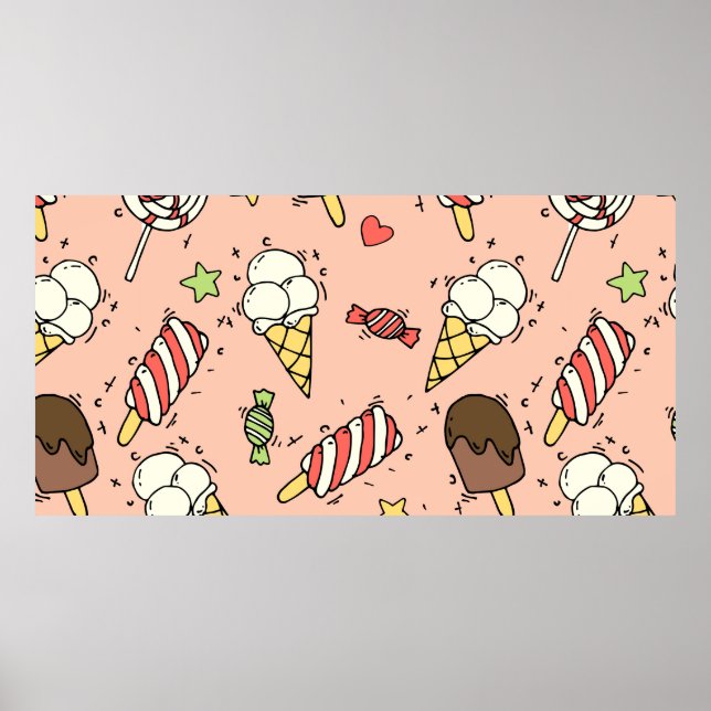 Seamless pattern with cute ice cream and lollipops poster (Front)