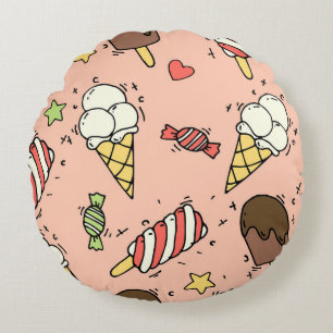 Seamless pattern with cute ice cream and lollipops round pillow