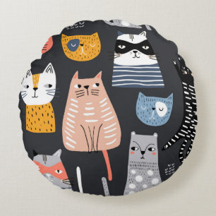 Seamless pattern with cute Kittens in diferent sty Round Pillow