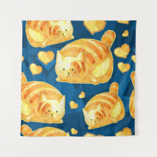 Seamless pattern with cute polygonal cartoon cats, tapestry