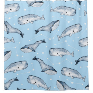 Seamless pattern with cute whales and stars. Water