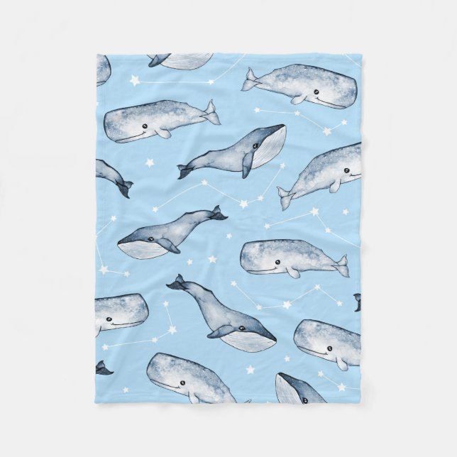 Seamless pattern with cute whales and stars. Water Fleece Blanket (Front)