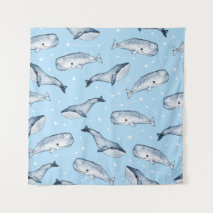 Seamless pattern with cute whales and stars. Water Tapestry