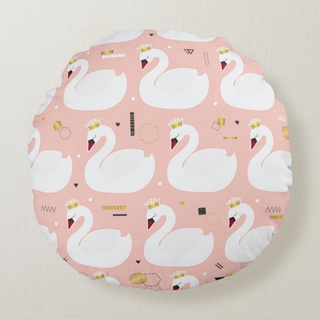 Seamless pattern with cute white swans. All elemen Round Pillow (Front)