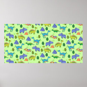 Seamless pattern with different cute dinosaurs, mo poster