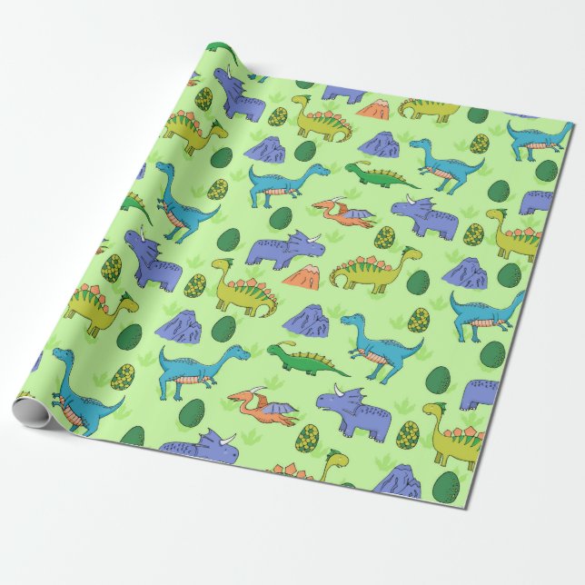 Seamless pattern with different cute dinosaurs, mo wrapping paper (Unrolled)