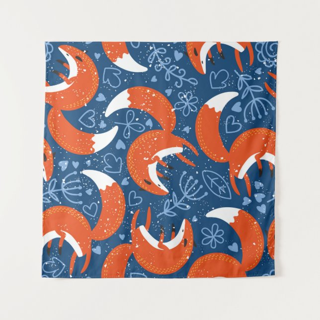 Seamless pattern with different cute foxes. Vintag Tapestry (Front)