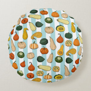 Seamless pattern with different hand drawn squashe round pillow