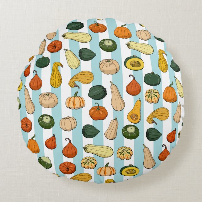 Seamless pattern with different hand drawn squashe round pillow (Front)