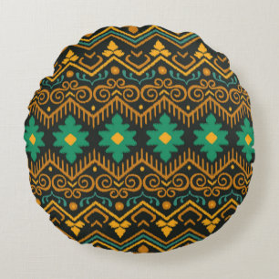 Seamless pattern with embroidery. Ikat Fabric. Eth Round Pillow