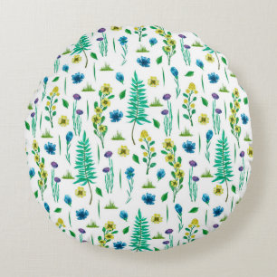Seamless pattern with fern and flowers round pillow