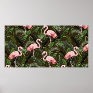 Seamless pattern with flamingo and tropical leaves poster